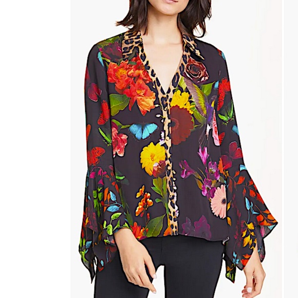 Alice + Olivia Randa Mix Pattern Trumpet Sleeve Blouse - Picture 1 of 11